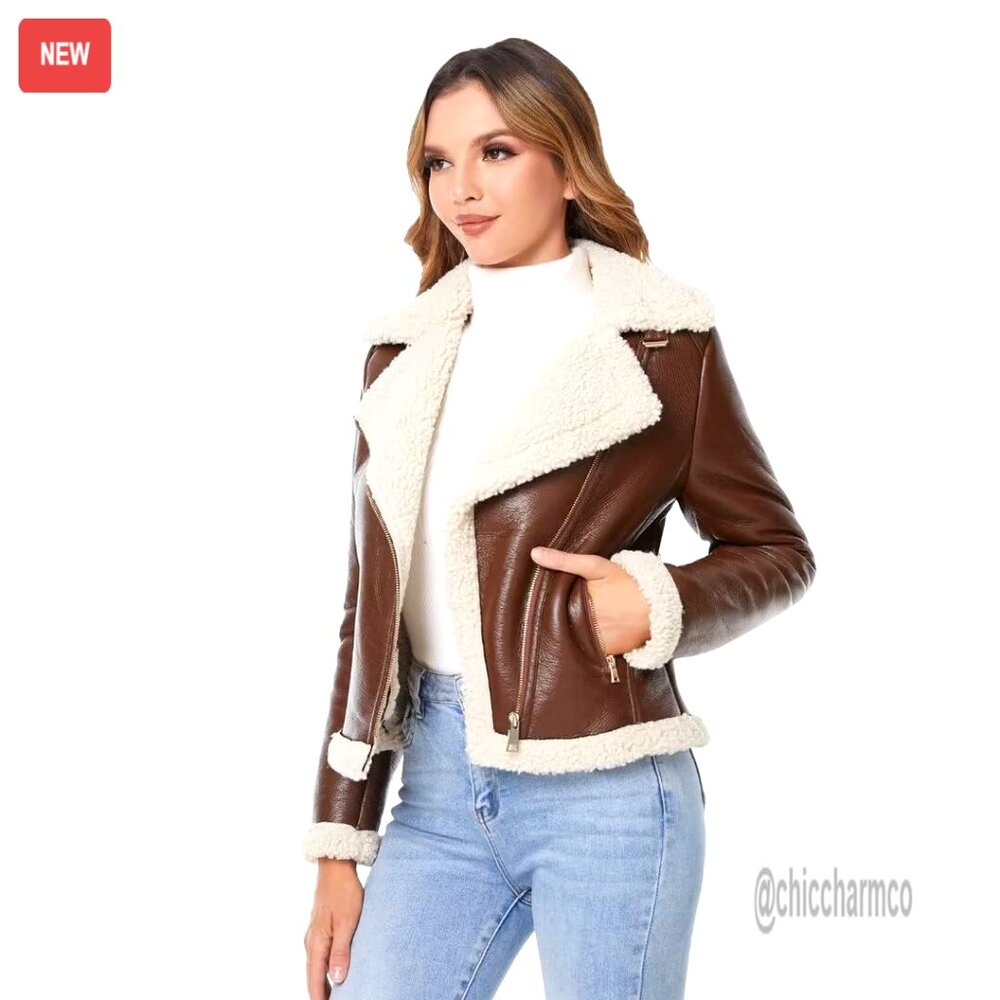 Faux Leather Sherpa-Lined Moto Jacket With Removable Belt, Winter Coat
